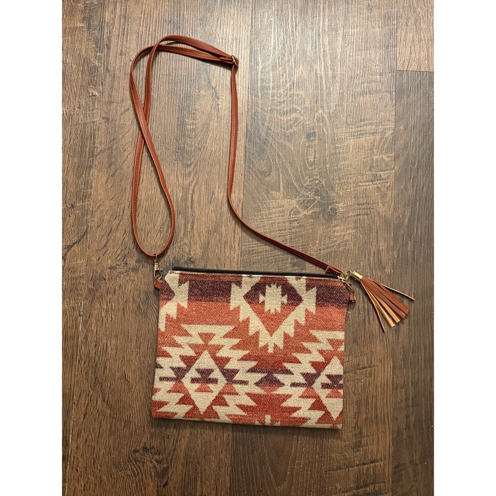 Southwestern Woven Geometric Crossbody Bag Rust Orange Boho Tassel Purse